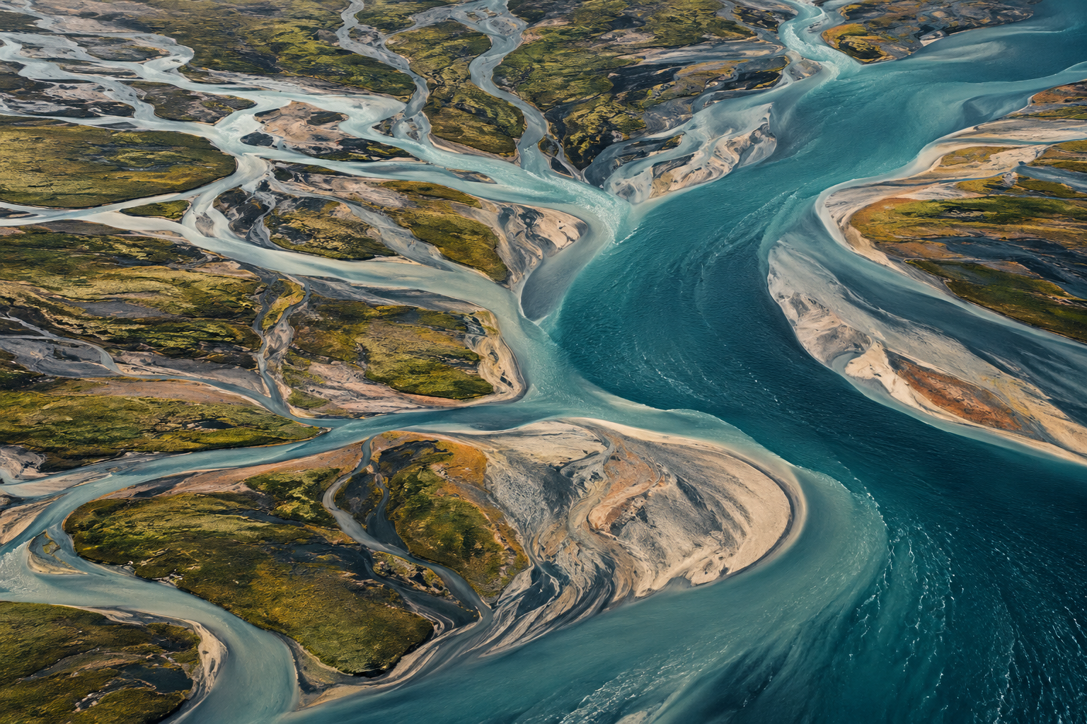 Conceptual aerial landscape of branching waterways meeting in a broad river.